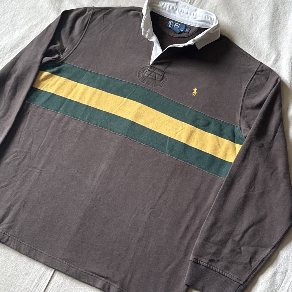 Vtg Polo Ralph Lauren Rugby Long Sleeve Shirt Mens XL Brown Yellow Green BA27